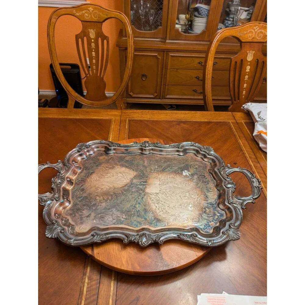 Vintage Birmingham Silver Co. Elaborate 20” Silverplate Footed Butler’s Tray
